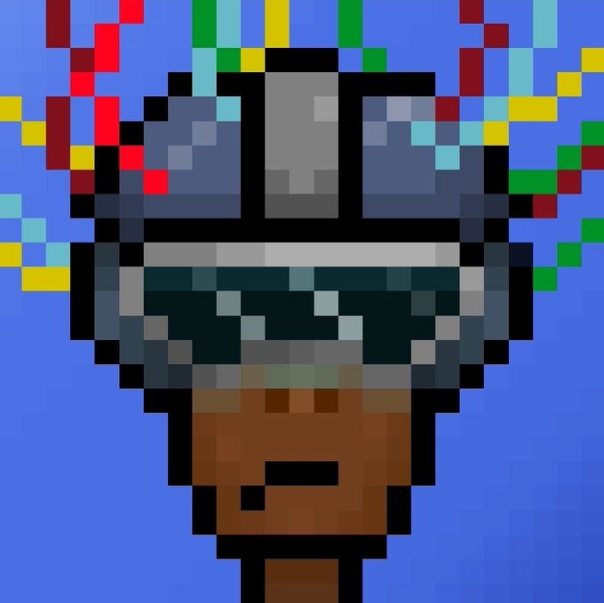 Pixel art illustration of a figure with dark hair, a helmet-like headpiece with a silver crest, and colorful confetti-like particles in red, yellow, green, and blue against a blue background.