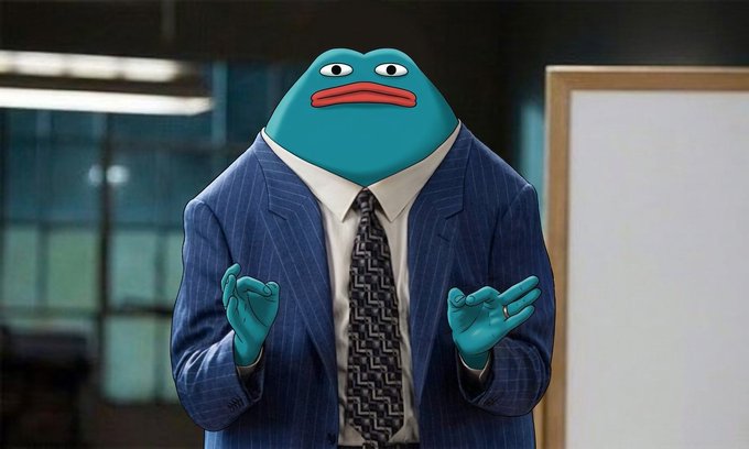 A surreal image depicts a person wearing a blue business suit and patterned tie, but with a teal, stylized frog head featuring a frowning red mouth instead of a human face.