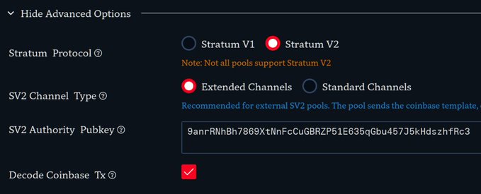The image shows advanced options for setting up Stratum V2 protocol and Extended Channels, featuring the SV2 Authority Pubkey "9anrRNhBh7869XtNnFcCuGBRZP51E635qGbu457J5kHdszhfRc3". This is a visual guide for Bitaxe users to configure their mining pool settings.