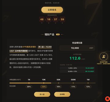 The image shows Pionex's 7th Anniversary stablecoin wealth management product interface, displaying a 48:16:37:59 countdown timer, an investment quota of 10,000 USDT with 112.6 already deposited, and projected returns of 112.4 USDT for a 30-day, 1,000 USDT deposit at a 13% annual rate.