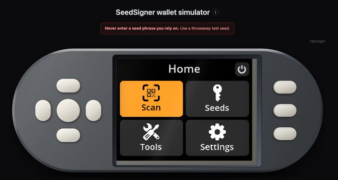 SeedSigner wallet simulator interface on TESTNET.
