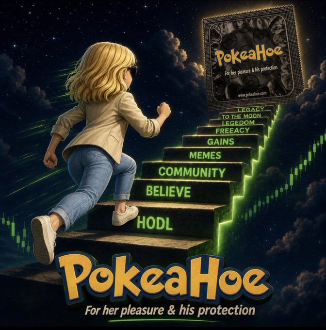 A stylized advertisement or meme image for 'PokeaHoe - For her pleasure & his protection' showing a blonde woman running up glowing stairs labeled 'HODL, BELIEVE, COMMUNITY, MEMES, GAINS, FREEDOM, LEGEDOM, TO THE MOON'.