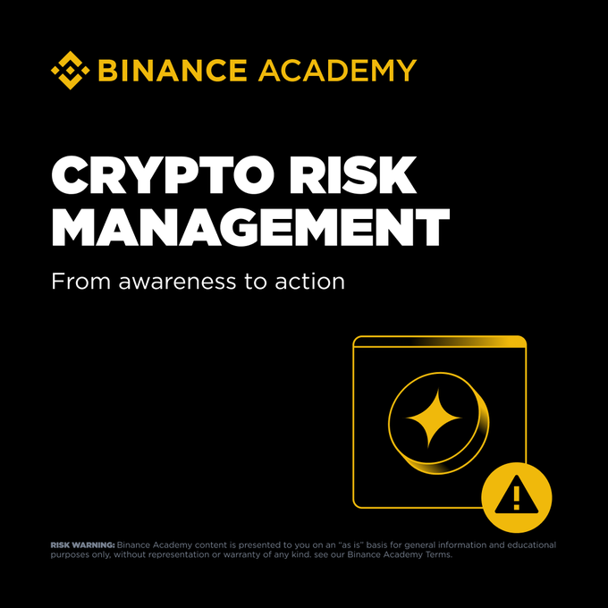 This image promotes Binance Academy's "Crypto Risk Management" course, with the text "CRYPTO RISK MANAGEMENT From awareness to action" clearly visible. It relates to the accompanying post by visually representing the subject of the announced winners' campaign.
