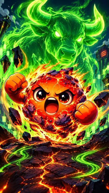 A digital artwork showing a cute, angry cartoon meteor with a face and fists, surrounded by flames, with a large green glowing demonic bull or minotaur figure looming behind it in a fiery landscape.