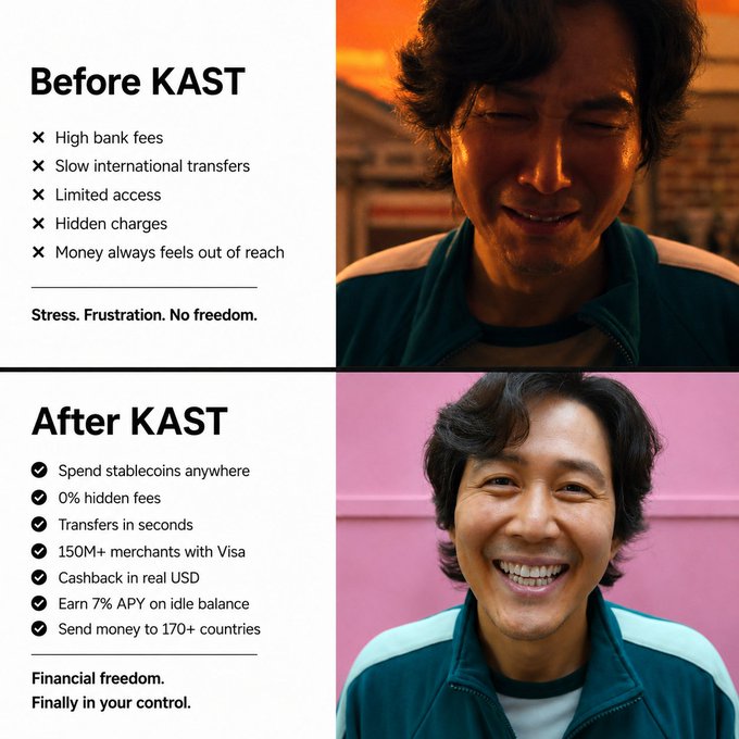 A 'Before KAST' vs 'After KAST' comparison showing a Squid Game actor's contrasting emotions, highlighting KAST's benefits like stablecoin spending, 0% hidden fees, instant transfers, and 150M+ Visa merchants.