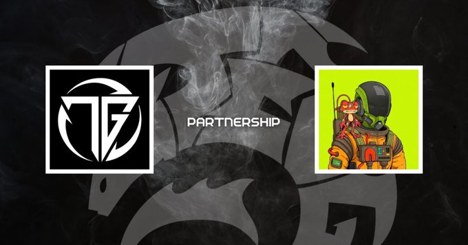 A partnership announcement graphic featuring two logos with the word 'PARTNERSHIP' in the center, displayed against a dark, smoky background with a faint logo watermark.
