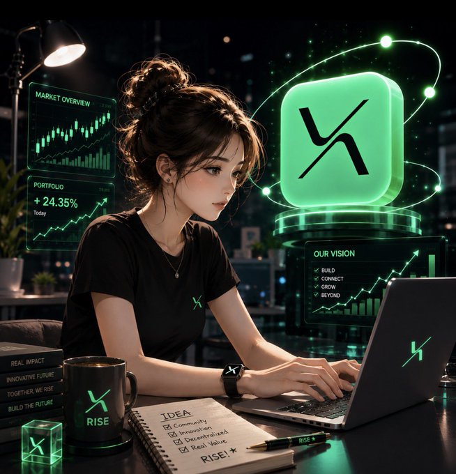 A digital illustration of a woman working on a laptop in a dark room, with holographic screens displaying 'MARKET OVERVIEW', '+24.35% Today', and 'OUR VISION: BUILD, CONNECT, GROW, BEYOND', alongside a green app icon featuring an 'X' logo, and items on her desk including a 'RISE!' mug and a notebook.