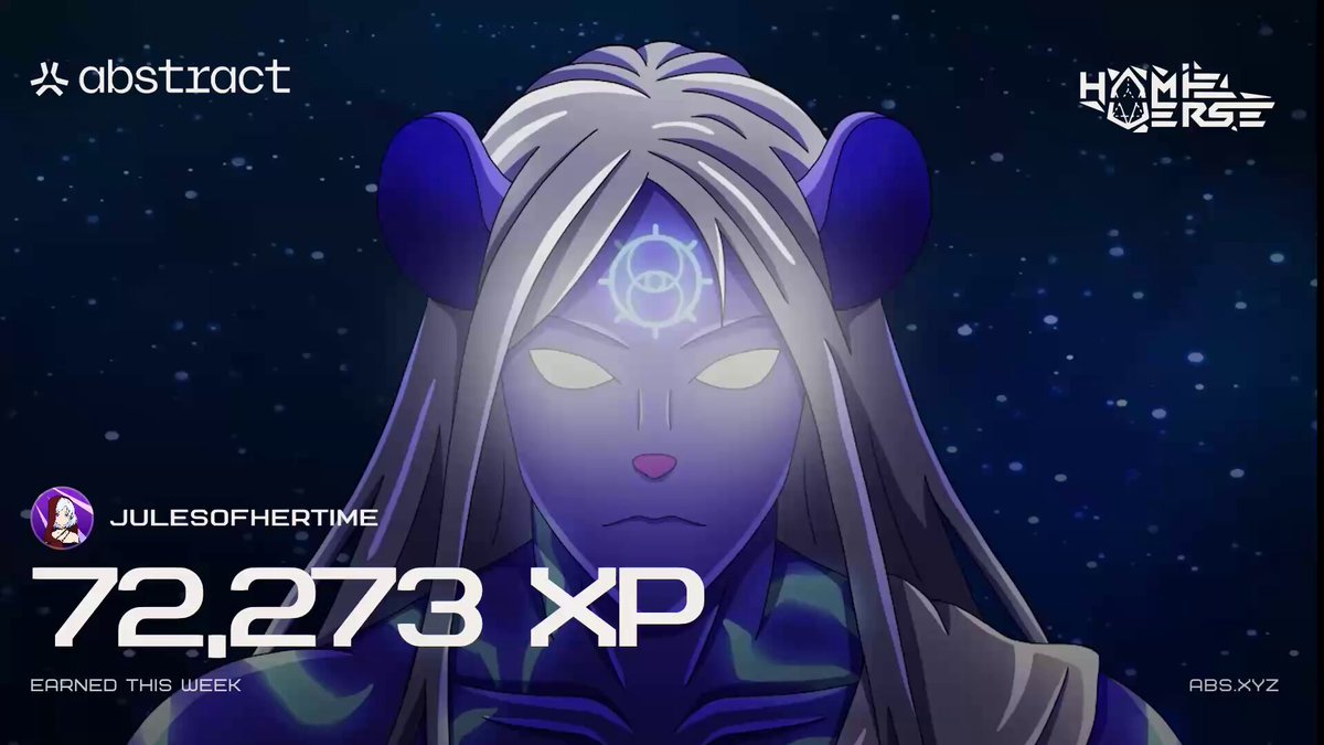 The image features a poster with an illustration of a female character, presumably a character from a video game or anime series like @Hamileverse. The character has long white hair and is wearing a blue outfit that stands out against the dark background. The poster includes text that reads "Happy XP Day on @AbstractChain not much work this week but I still cooked gonna be maxing out my stamps on @TollanUniverse this new week….really anticipating tollan season 5 rocking this exceptional xp card from @Hamileverse".