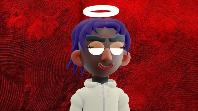 A 3D-rendered cartoon character with purple hair, a white halo, and a cream hoodie stands against a textured red background, likely representing the NFT avatar mentioned in the post about the 888s Society founder's upcoming mint announcement.