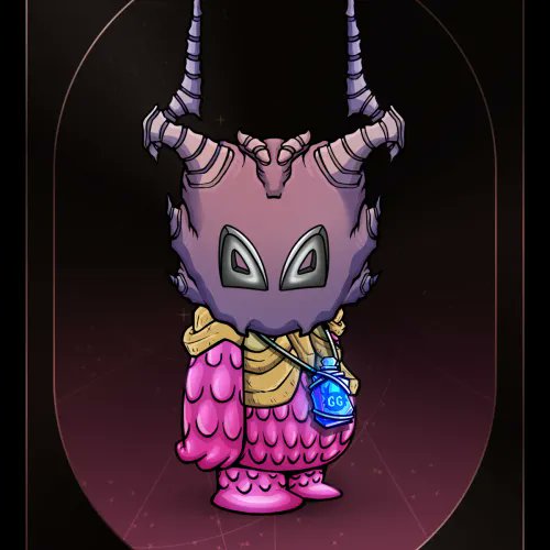 A pink and purple cartoonish creature with large horns, wide eyes, and a yellow scarf holds a small bag labeled "GG," matching the whimsical "Koda #8942" NFT collectible purchased for 0.86 ETH.