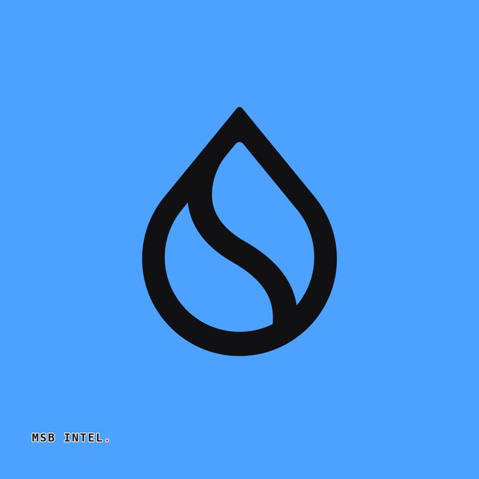 A minimalist logo featuring a black water drop outline with an internal swirl design on a solid blue background, with pixel text reading 'MSB INTEL.' in the bottom-left corner.