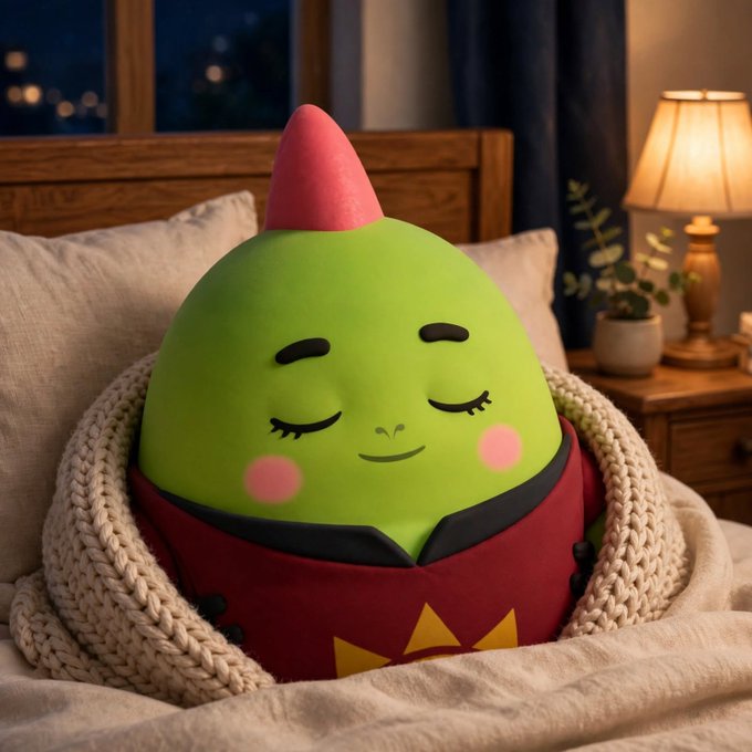 A cute green character with a pink cone-shaped horn on its head sleeps peacefully in bed, wrapped in a cozy knit blanket while wearing its signature red and yellow outfit, illuminated by a warm bedside lamp.
