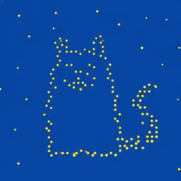 A pixel art image of a cat sitting on a blue background, drawn entirely with small yellow dots resembling stars in a night sky.
