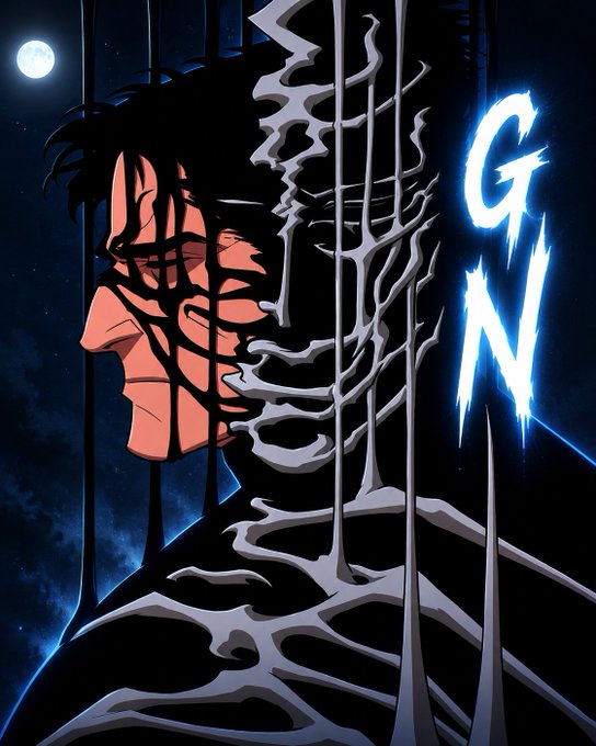 The image features a man with spooky facial features, such as multiple eyes and a large nose, depicted in black and white. The man appears to be looking at something or someone behind him, creating an eerie atmosphere. The caption of the image reads "G-N", which could possibly be a reference to a character from a movie or TV show.