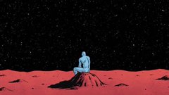 A lone figure gazes upon a vast universe and endless desert in this evocative image, perhaps mirroring the feelings of loss and searching for direction amidst the chaotic whirlwind of memecoins, NFTs, and crypto discussions. It could be seen as a metaphor for feeling small in the face of vast market forces, or a moment of contemplation before making daring financial moves in the digital frontier.