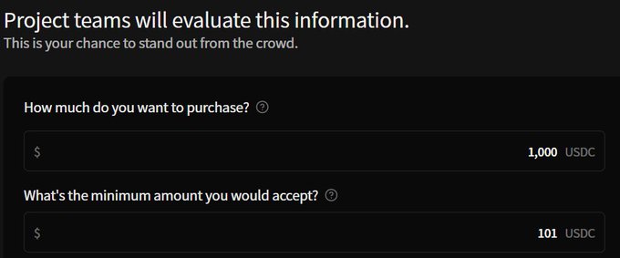 A cryptocurrency purchase form showing "1,000 USDC" as the desired purchase amount and "101 USDC" as the minimum acceptable amount, relating to a new coin launch where the user committed $100 with a small buffer.