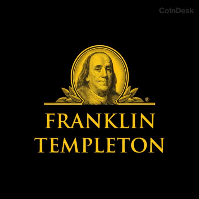 A gold logo featuring Benjamin Franklin's portrait with the text 'FRANKLIN TEMPLETON' on a black background, marked 'CoinDesk' in the corner.