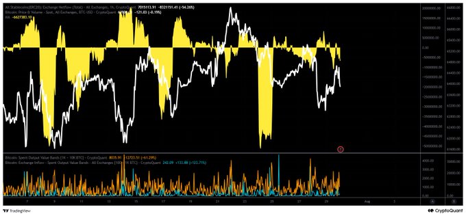 A cryptocurrency chart from CryptoQuant shows Bitcoin (BTC/USDC) trading around $65,935 with a -0.16% change, displaying both exchange netflow data (highlighted in yellow) and spot outflow vs. inflow volume bars below. The chart visually supports the post's observation of increasing stablecoin outflows from exchanges and BTC's short-term bearish trend.