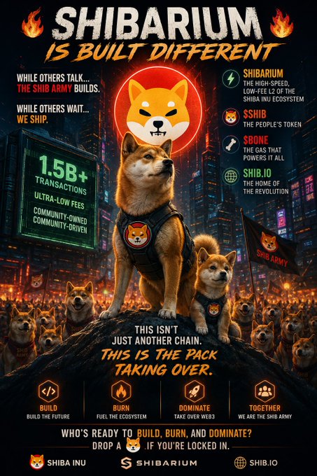 A promotional poster for 'SHIBARIUM IS BUILT DIFFERENT' featuring Shiba Inu dogs with branding for $SHIB, $BONE, and SHIB.IO cryptocurrency tokens.