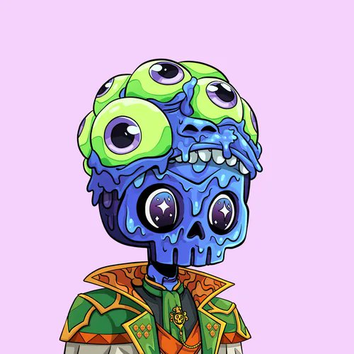 A digital artwork of a cartoonish skull character with multiple eyes and a green brain exposed on top, set against a pink background.
