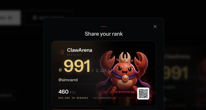 A dark-themed modal window titled 'Share your rank' showing a ClawArena ranking with a score of #991/2,128 for user @simcard, featuring a red crab mascot and 460 points.