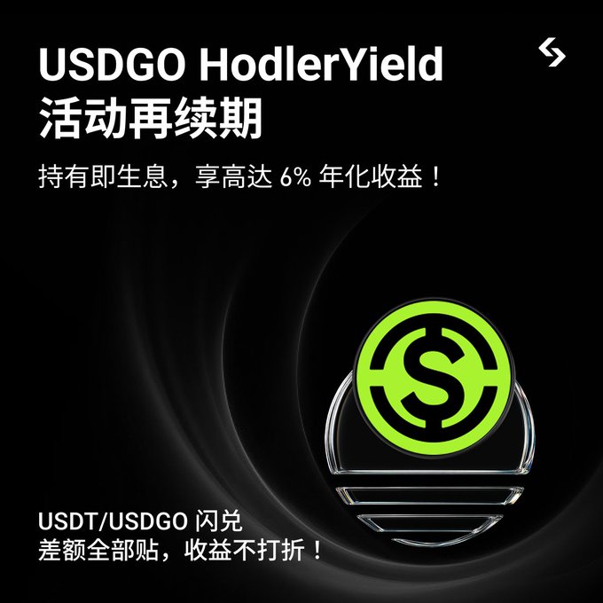 The image features a black background with a green circle containing a white "S" logo. The text in the image reads "USDT/USDCGO HodlerYield Event Extended!". This event allows users to earn rewards by holding their account, as indicated by the phrase "Up to 6% APR, settled daily, no lock-up period!" and "Continuing to provide USDCGO ⇄ USDT flash swap slippage subsidies Easier to hold, smoother to swap!". The image is accompanied by a white banner with Chinese characters that translate to "USDCGO HodlerYield Event Extended! Simply hold USDCGO in your account to automatically earn rewards. Up to 6% APR, settled daily, no lock-up period!" and "Continuing to provide USDCGO ⇄ USDT flash swap slippage subsidies Easier to hold, smoother to swap!".