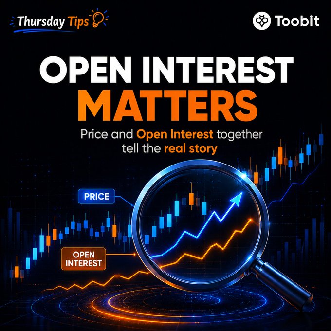 A promotional graphic from Toobit's "Thursday Tips" series featuring the headline "OPEN INTEREST MATTERS" with a magnifying glass highlighting candlestick charts labeled "PRICE" and "OPEN INTEREST," visually reinforcing the message that combining price action with open interest data reveals the true strength behind market movements.