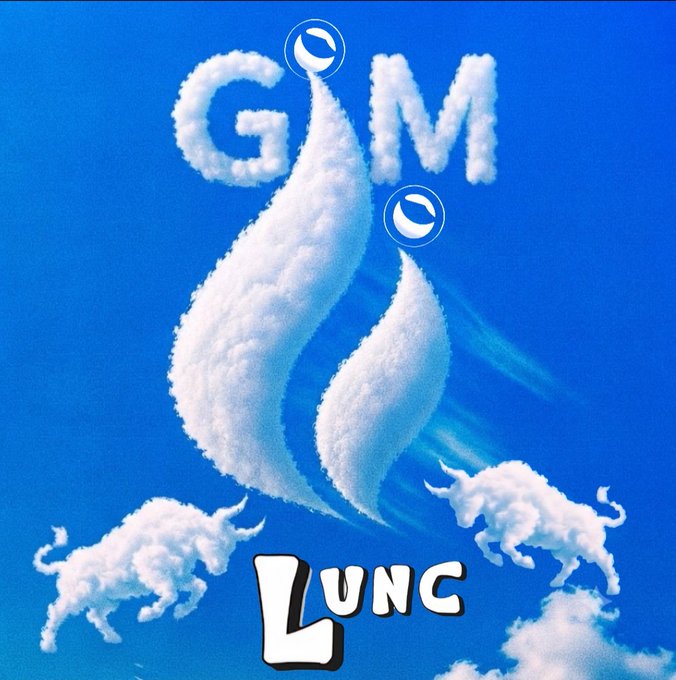 The image features cloud sculptures forming the words "GIM" and "LUNC," along with bull figures and crescent moon symbols against a blue sky, symbolizing bullish optimism for Terra Luna Classic (LUNC) reaching $1. The post's hashtags reinforce this rallying sentiment for LUNC and USTC re-pegging within the crypto community.