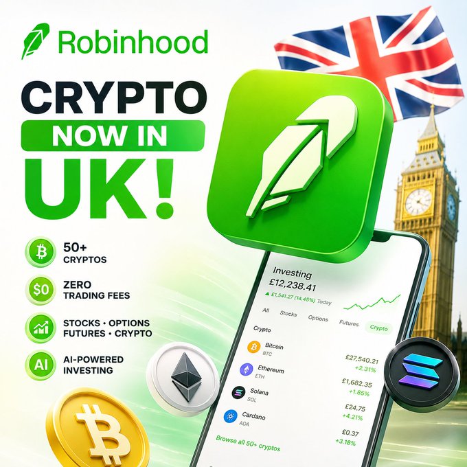 A Robinhood promotional graphic reading 'CRYPTO NOW IN UK!' featuring 50+ cryptos, zero trading fees, and showing crypto prices including Bitcoin, Ethereum, Solana, and Cardano alongside a Big Ben illustration.