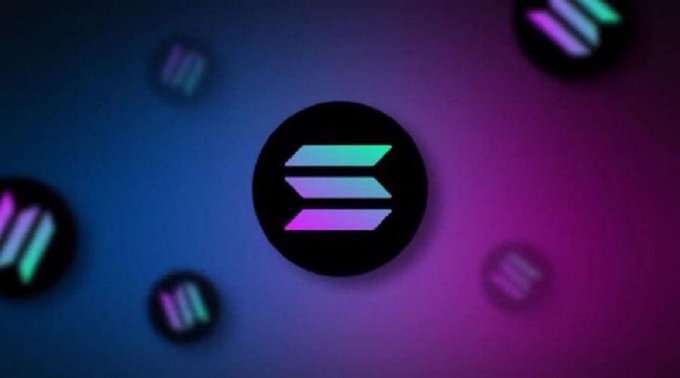 A stylized image of multiple Solana (SOL) cryptocurrency logos as circular icons with gradient purple/green colors against a dark purple and blue background.