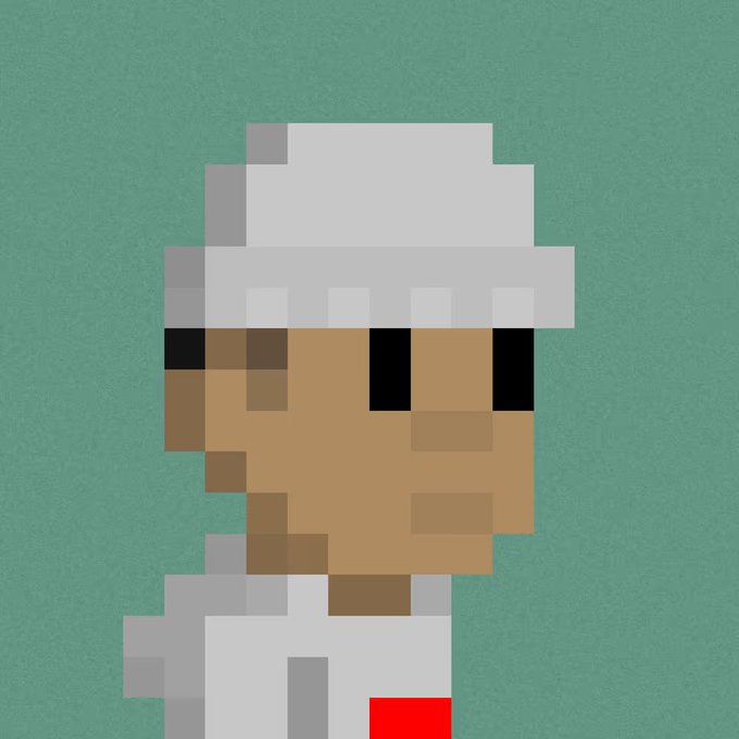 A pixel art character portrait featuring a person with dark skin wearing a white chef's hat and a white outfit with red trim, set against a solid teal background.