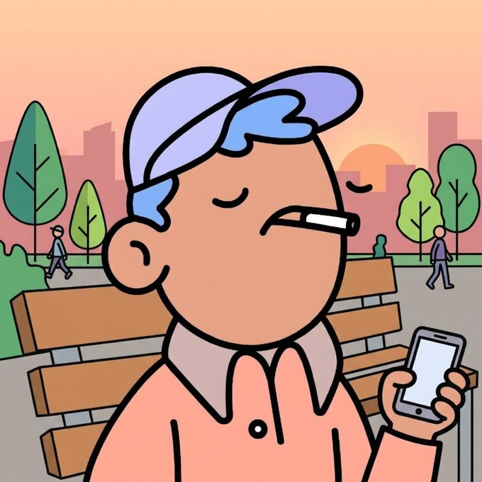 A cartoon-style illustration of a blue-haired character with closed eyes holding a smartphone, sitting on a park bench at sunset.