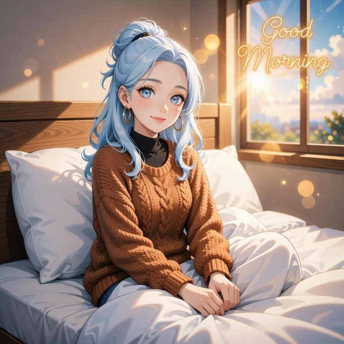 The image features a girl with blue hair sitting on a bed wearing an orange sweater. She has her hands placed on her lap as she looks at the camera. The background of the image shows a window, which could be part of a room or a building. There is also a text overlay in the image that reads "Good morning Most crypto networks compete to move value. @quipnetwork is exploring something different: moving computation itself. The project combines classical and quantum resources into a shared network where unused compute can be contributed, verified, and accessed by".