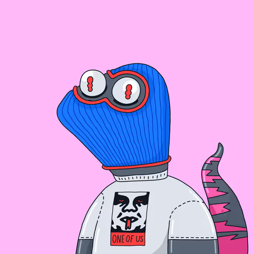 An illustration of a blue-headed character with large goggle-like eyes wearing a shirt featuring a masked face with the text 'ONE OF US'.