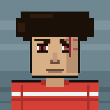 A pixel art portrait of a character with dark hair, red eyes, and a facial scar, wearing a red and white striped shirt.