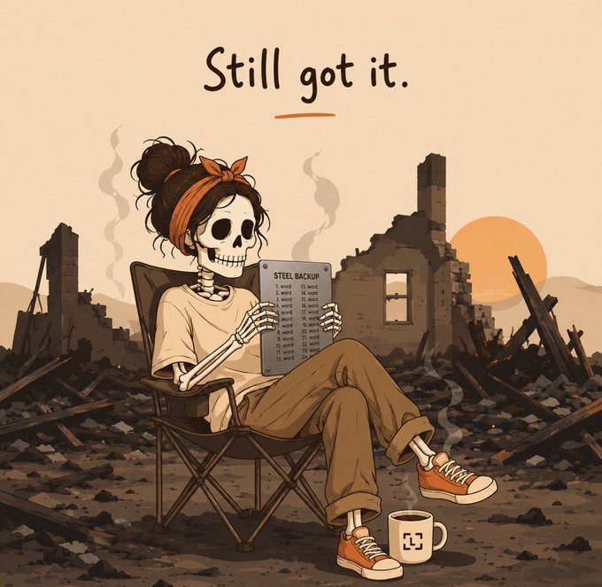 A cartoon illustration of a skeleton with a hair bun and orange bandana sitting in a camping chair amid ruins, holding a 'STEEL BACKUP' checklist, with the text 'Still got it.' above.