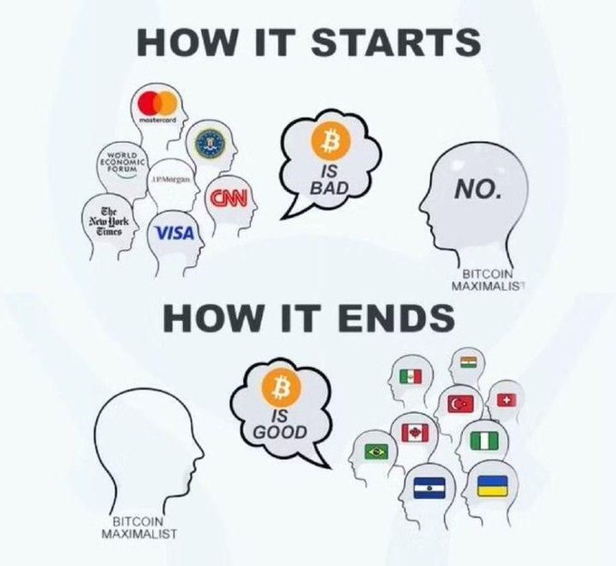 An infographic titled "HOW IT STARTS" and "HOW IT ENDS" depicting a Bitcoin Maximalist initially rejecting Bitcoin against traditional institutions (Mastercard, JP Morgan, CNN, Visa, etc.), but eventually endorsing Bitcoin against emerging nations with flags of Mexico, India, Nigeria, Ukraine, and others.
