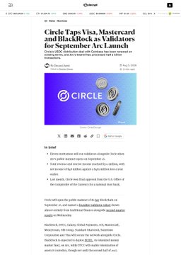 A web article is titled 'Circle Taps Visa, Mastercard and BlackRock Validators for September Arc Launch' above an image of the Circle logo.