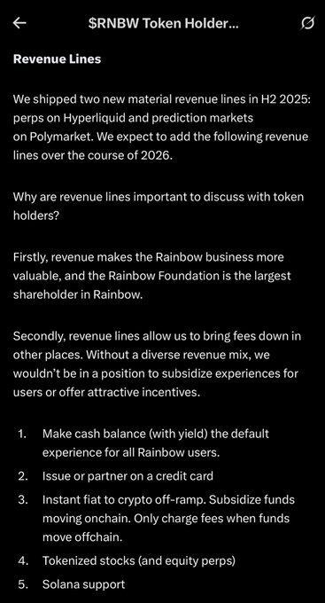 The image shows a screenshot from a $RNBW (Rainbow) Token Holder letter discussing revenue lines, listing future initiatives including perps on Hyperliquid, prediction markets on Polymarket, a credit card, fiat off-ramp, tokenized stocks, and notably "Solana support" as item #5. This directly supports the post's excitement about Solana support being mentioned in the letter.