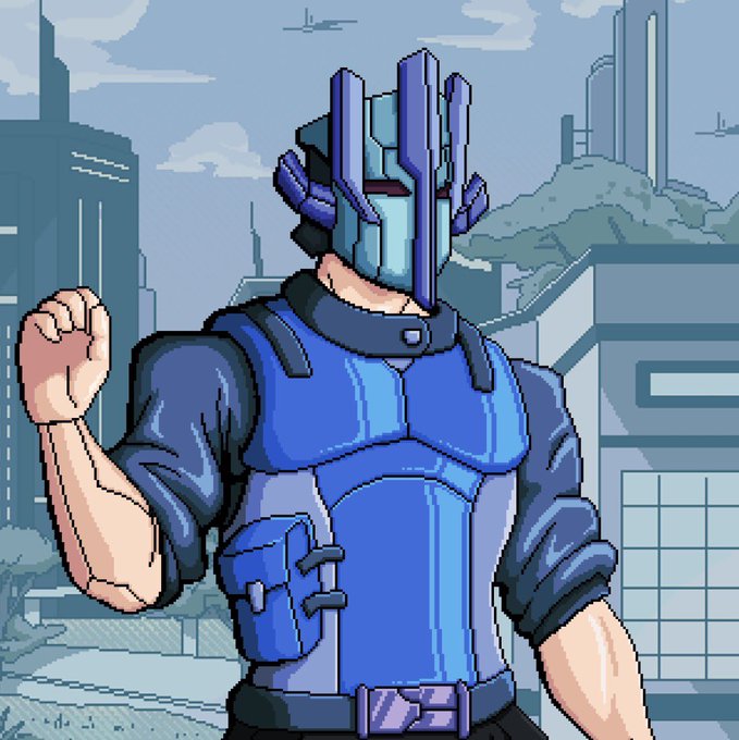 Pixel art illustration of a muscular character wearing a blue tactical vest and a blue robotic helmet with red eye slits, posed with a raised fist against a futuristic city background.