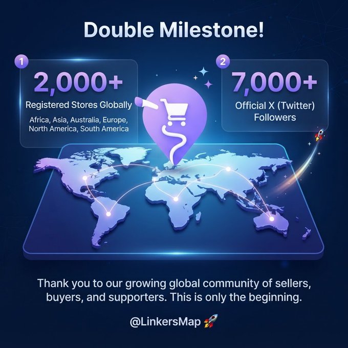 An infographic titled "Double Milestone!" celebrating "2,000+ Registered Stores Globally" and "7,000+ Official X (Twitter) Followers" for @LinkersMap, displayed over a world map.