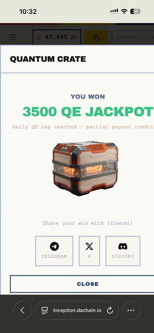 The image shows a phone screen displaying an app called "Quantum Crate" with a message congratulating the user for winning a massive jackpot of 3,500 QE. The app has been used by someone who won the jackpot, and they are now sharing their good fortune with friends through the app. The post also mentions that this is part of the DAC Chain ecosystem, which is an innovative way to create opportunities and rewards within the network.