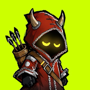 A stylized cartoon illustration of a hooded figure with glowing yellow eyes, wearing red robes with horns and carrying a quiver of arrows, set against a neon green background.