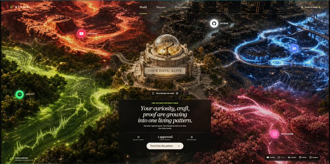 Promotional image for a platform called 'PATTERN,' featuring a fantasy landscape divided by colored streams of light with the text 'Your curiosity, crypt, proof are growing into one living pattern.'