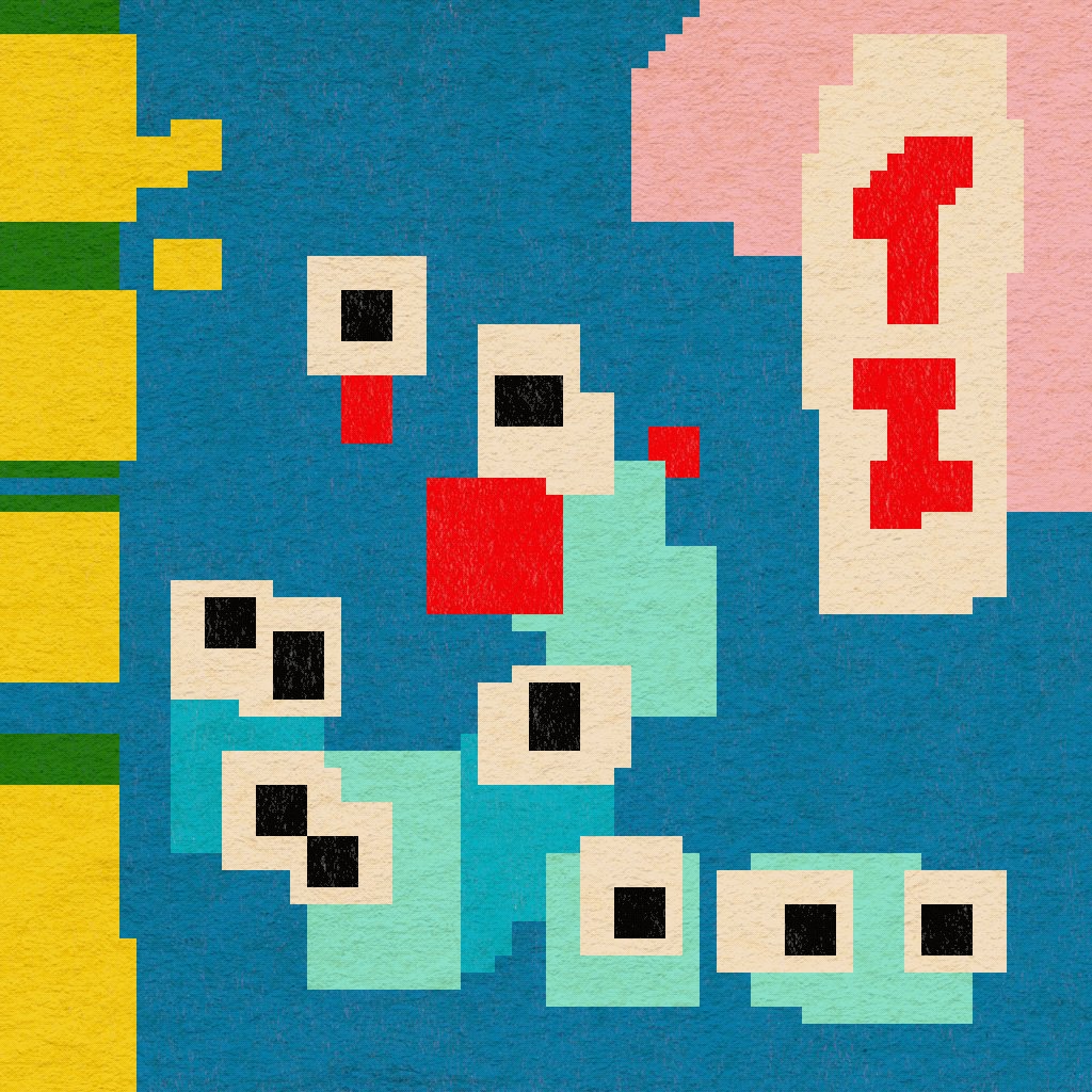 The image features a blue background with various shapes, including squares, rectangles, and circles, scattered throughout. The shapes are of different sizes and colors, creating an abstract art piece that appears to be a digital illustration or a painting. In the corner of the image, there is text that reads "I have just collected WERE SURV® by @nefetesudaca on @objktcom/tokens/KT1NLqa". This text seems to be related to the artwork and possibly serves as an artist's signature or a description of the piece.