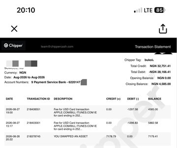 A Chipper transaction statement screenshot showing NGN account balances with various USD card transactions between August 2026.