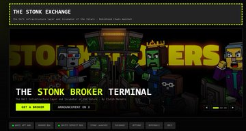 The Stonk Exchange website features "The Stonk Broker Terminal" with pixelated gaming-style characters, promoting various crypto ecosystem tokens including $STONKBROKER, $MANCER, Sleuth, $UP, TickerYard, and $DERP. The image visually ties to the post by serving as a hub showcasing the interconnected launchpad, DEX aggregator, agent, liquidity layer, bridge, and infrastructure components of the $STONKBROKER ecosystem.