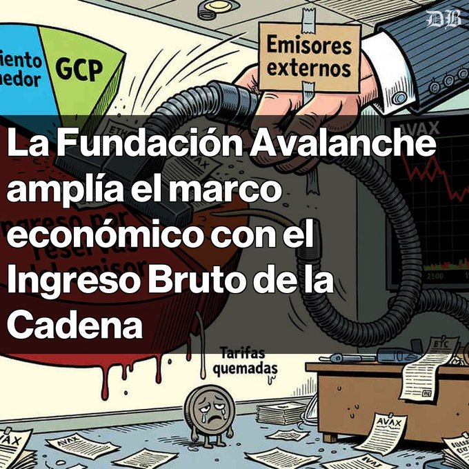A Spanish-language illustrated graphic about Avalanche Foundation expanding its economic framework with Chain Gross Income, featuring imagery of external issuers and burning fees.