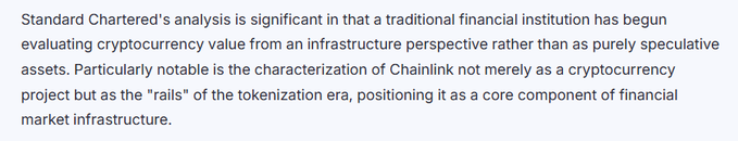 A paragraph of text commenting on Standard Chartered's analysis, noting that a traditional financial institution has begun evaluating cryptocurrency value from an infrastructure perspective, particularly characterizing Chainlink as the 'rails' of the tokenization era.