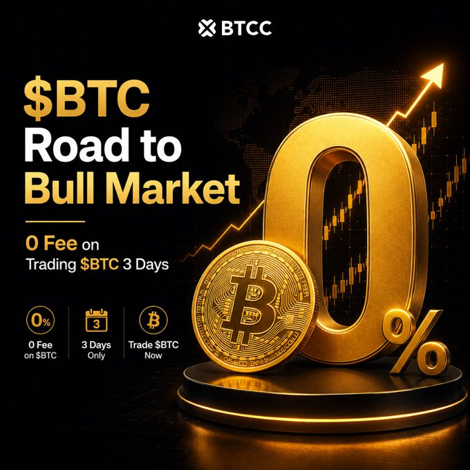 A BTCC promotional graphic features a large golden "0%" and Bitcoin coin alongside an upward-pointing arrow, advertising "$BTC Road to Bull Market" with "0 Fee on Trading $BTC 3 Days." The image directly supports the post's message by highlighting the zero-fee trading offer for the BTC perpetual contract as a call-to-action to start trading ahead of the anticipated bull market.